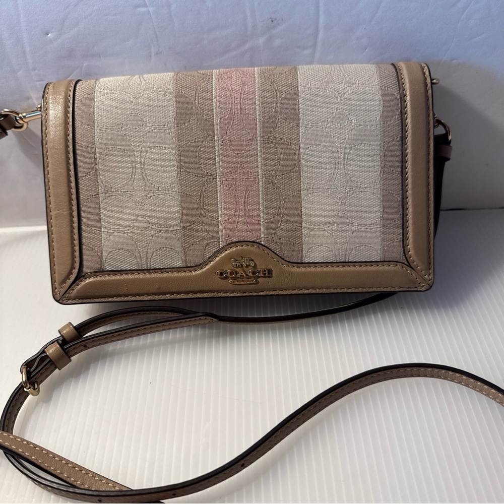 Coach Anna Fold Over Tan/Cream/Pink Crossbody Bag Purse